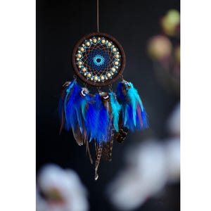 Handcrafted Blue & Brown Dreamcatcher – One-of-a-Kind Wall Hanging with Natural Feathers | Fast USA Shipping