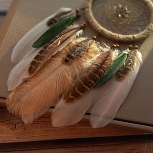 May include: A dream catcher with brown and white feathers, green accents, and a brown woven net.