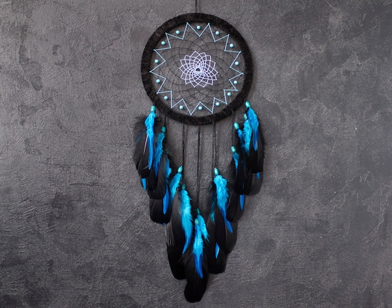 Large Black Dream Catcher With Turquoise Blue Feathers and | Etsy