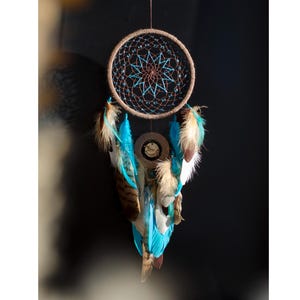 Handcrafted Turquoise & Brown Dreamcatcher – Boho Wall Hanging with Feathers, Nature-Inspired Gift, Spiritual Decor for Home and Meditation