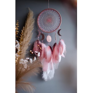 Handcrafted Blush Pink Moon Phase Dreamcatcher – Boho Wall Hanging, Celestial Decor, Lunar Phases with Feathers, Spiritual Gift for Her