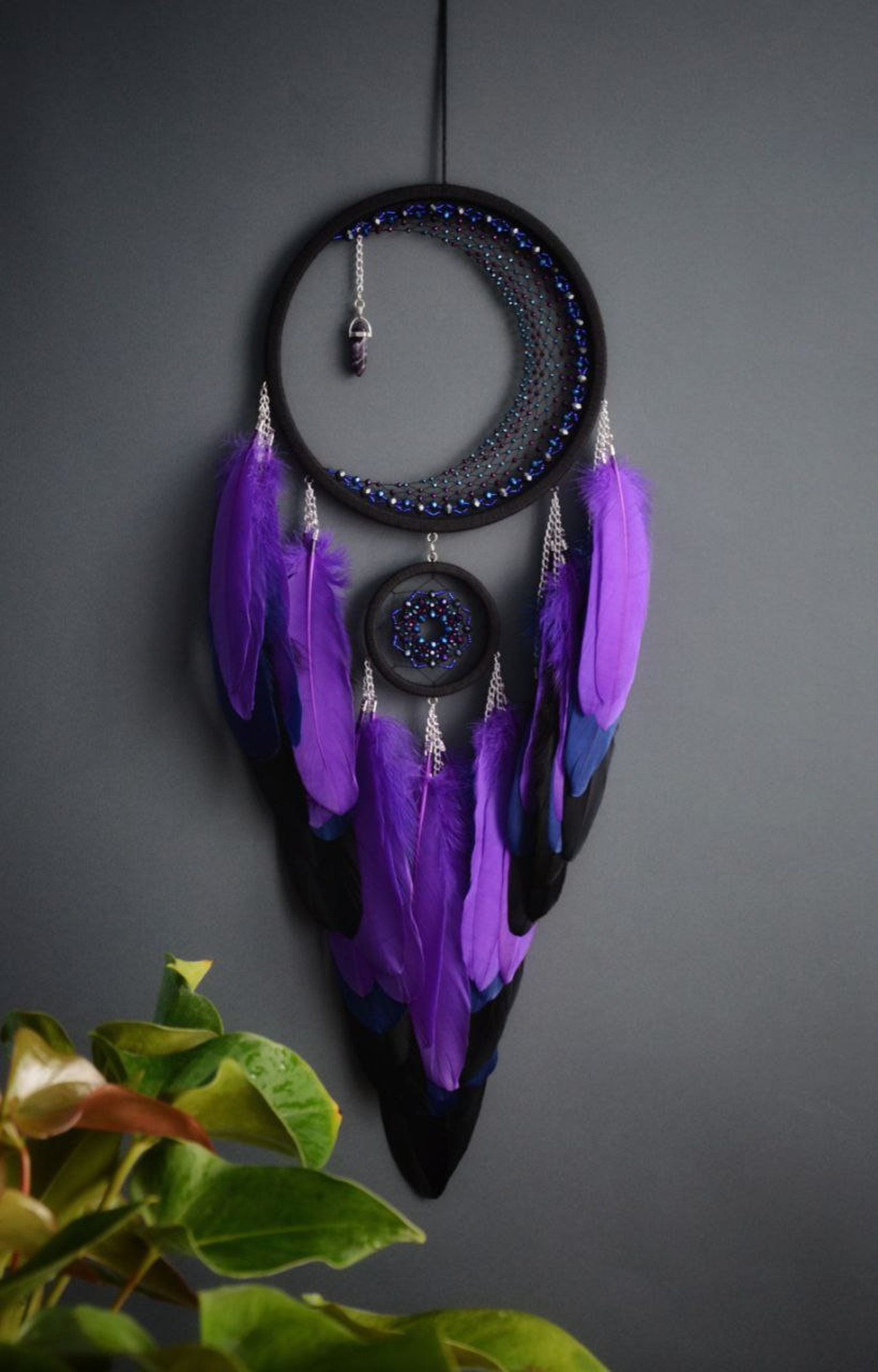 Large Purple Crescent Moon Dream Catcher With Amethyst Crystal / Black ...