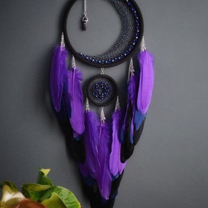 Large Purple Crescent Moon Dream Catcher With Amethyst Crystal / Black ...