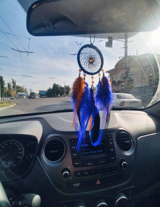 Small Royal Blue and Orange Car Dream Catcher for Rear View Mirror Unique Car  Accessories 