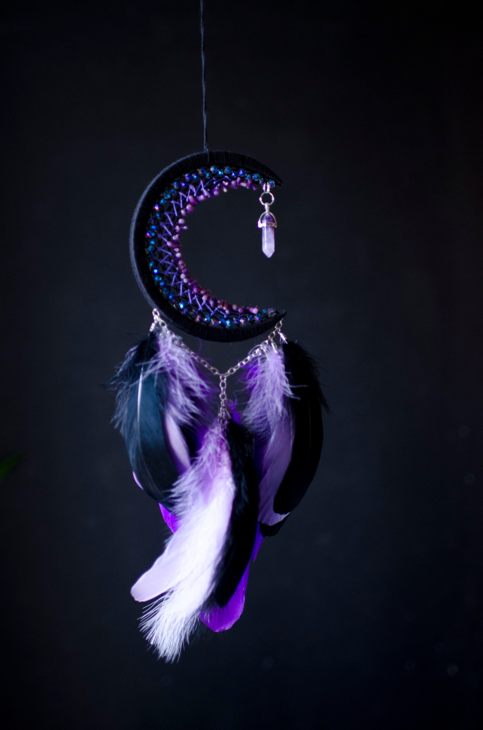 Moon Dream Catcher With Amethyst Crystal/ Black Crescent Moon - Etsy UK