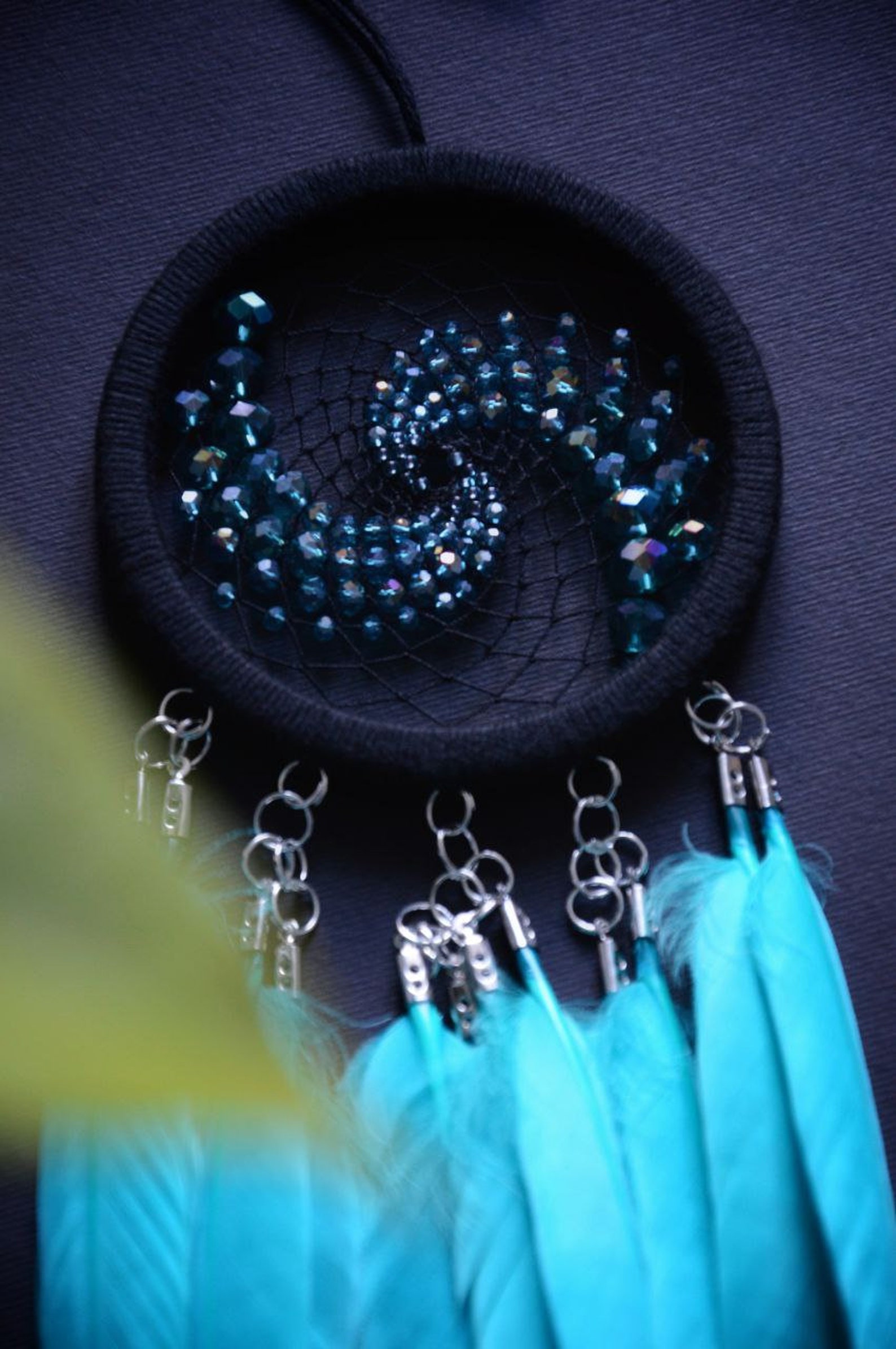 Black Dream Catcher With Sea Blue Feathers Fractal Spiral Dreamcatcher ...