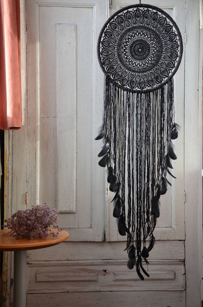 Black Dream Catcher Boho Dreamcatcher Wall Hanging Crochet Etsy