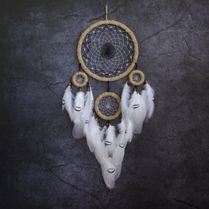 Beige Dreamcatcher with Feathers: Boho Bedroom Wall Hanging