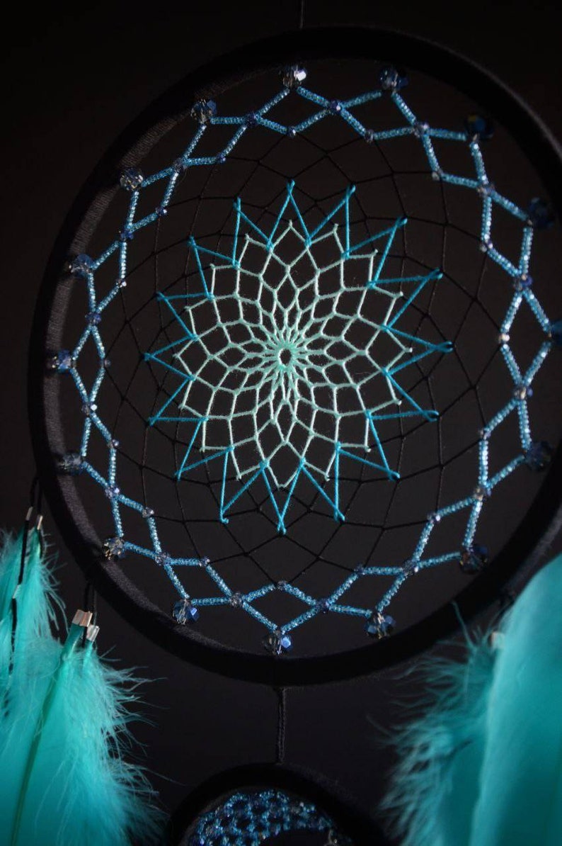 Large Black Mint Blue Crescent Moon Dream Catcher With Moonstone ...