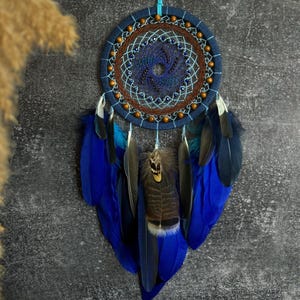 Handcrafted Blue Dreamcatcher with Feathers – Unique Christmas Gift, Boho Wall Decor for Nature Lovers