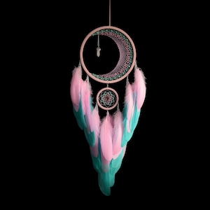 Pink & Mint Crescent Moon Dreamcatcher with Rose Quartz Crystal – Handmade Boho Wall Hanging, Birthday Gift for Her, Feather Decor