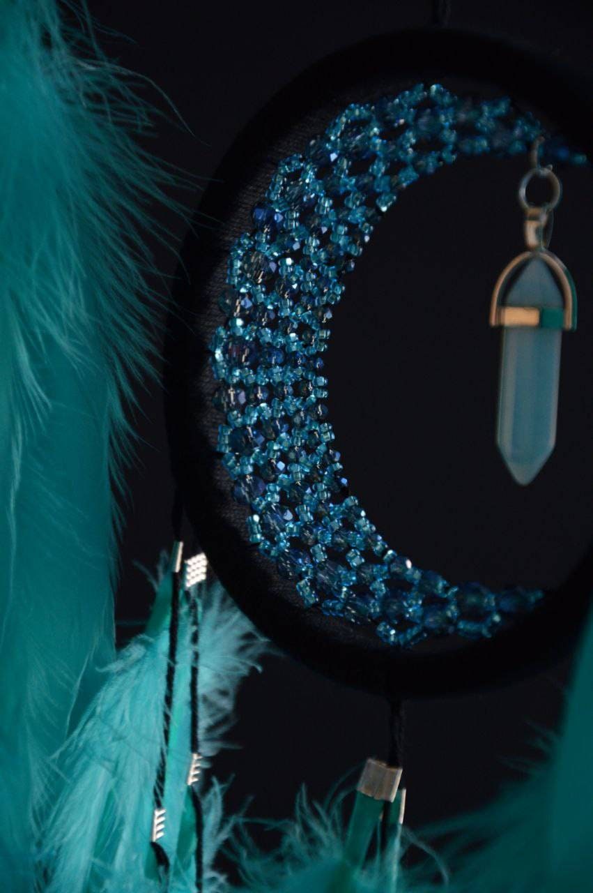 Large Black Mint Blue Crescent Moon Dream Catcher With Moonstone ...
