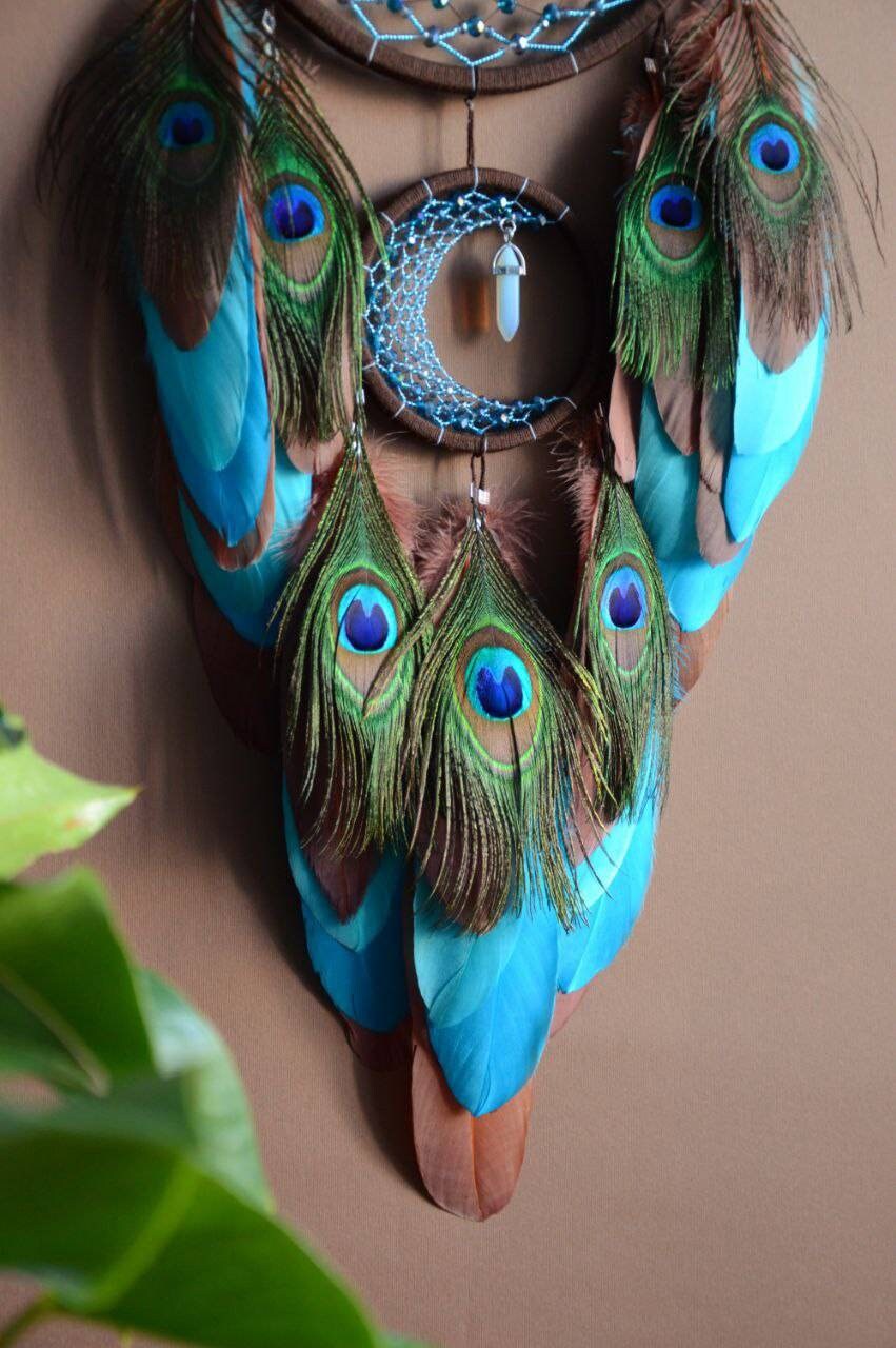 Large Crescent Moon Dream Catcher With Moonstone Crystal. Brown Blue ...