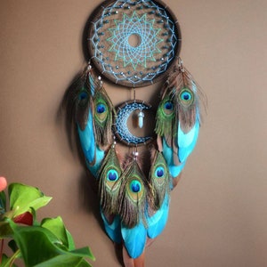 Large Crescent Moon Dream Catcher With Moonstone Crystal. Brown Blue ...