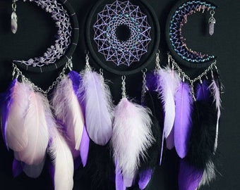 Triple Moon Dream Catcher Set/ Waxing Full Waning Moon/ Purple