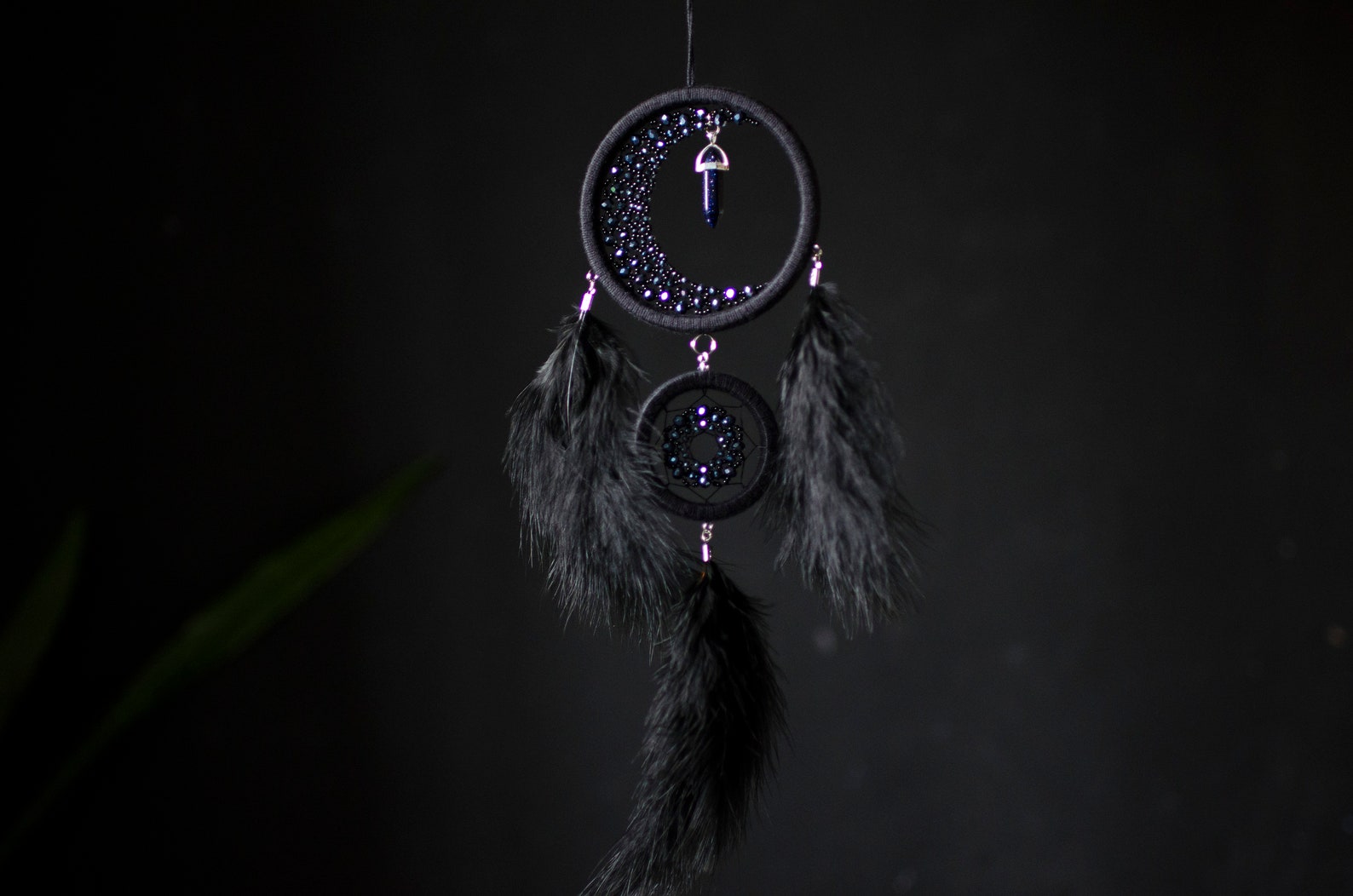 Black Crescent Moon Dream Catcher With Crystal - Etsy