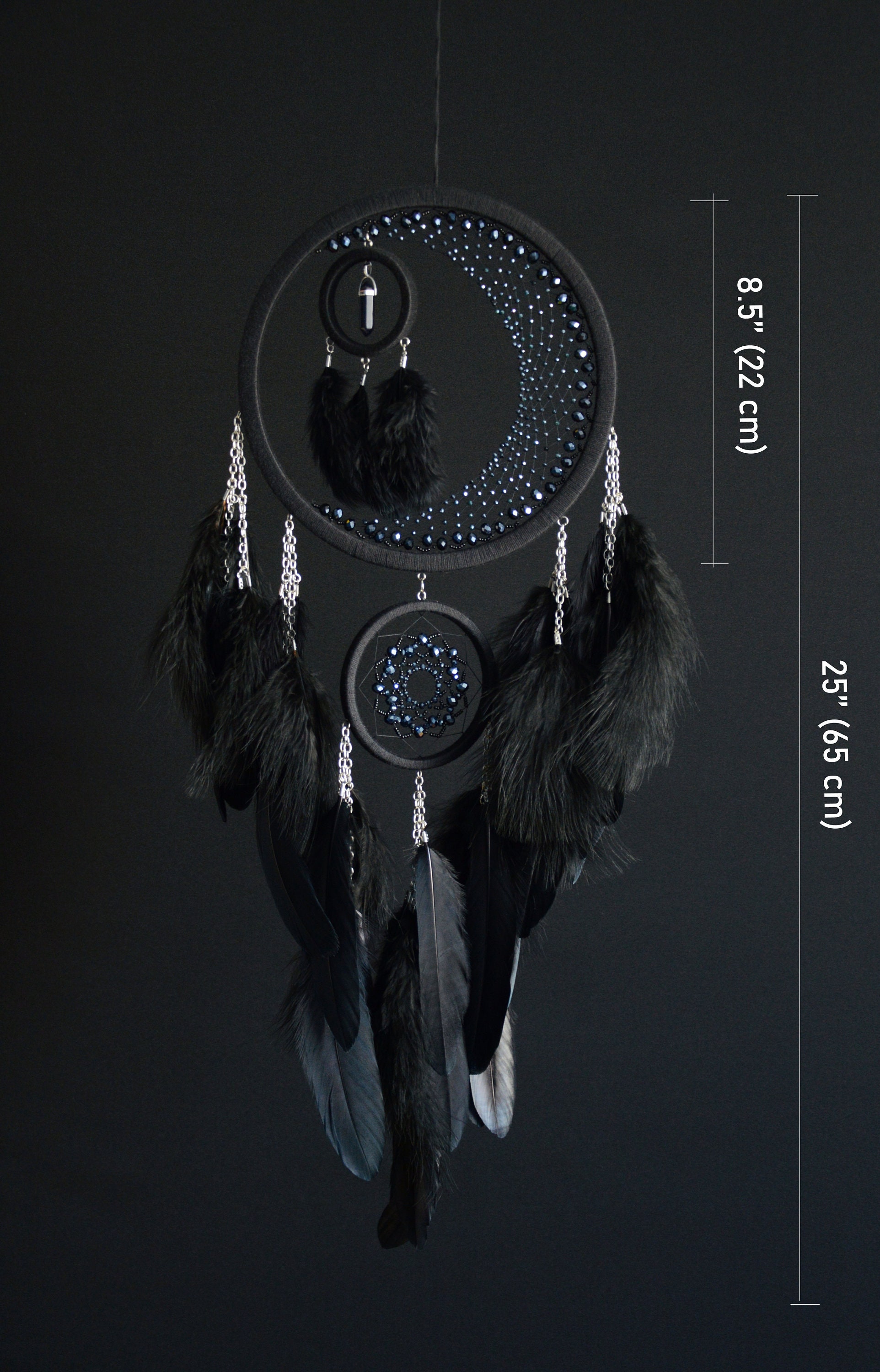 Half Moon Dreamcatcher/ Large Black Dream Catcher With Crystals