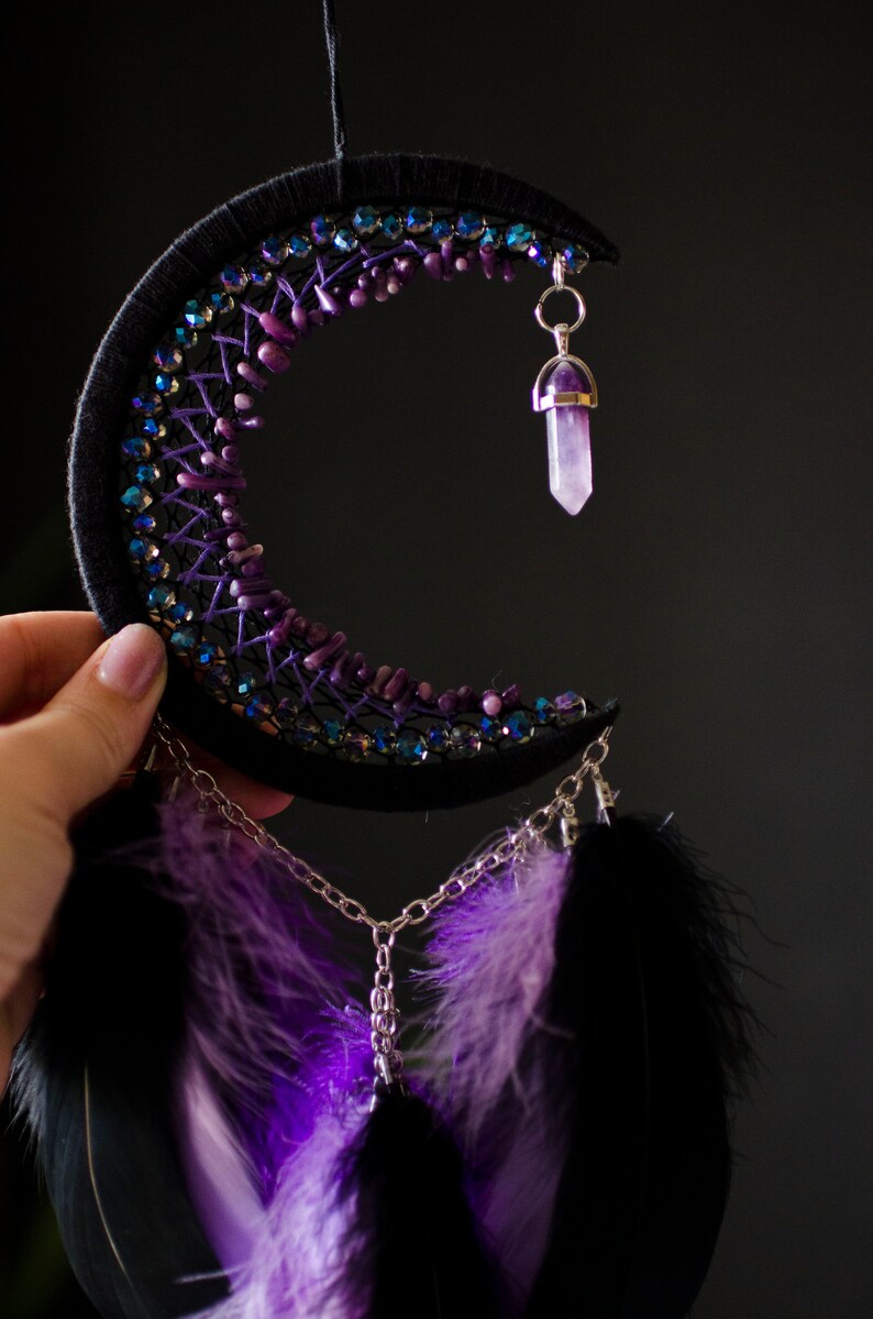 Crescent Moon White Black Dream Catcher With Moonstone / Moon Dream ...