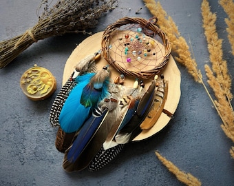 Handmade Blue & Brown Dreamcatcher: Boho Wall Hanging with Gemstones