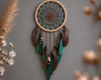 Boho Dreamcatcher Wall Hanging: Green & Brown Feather Ornament