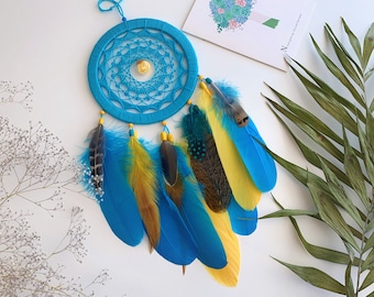 Turquoise Dream Catcher: Blue Yellow Feather Wall Hanging