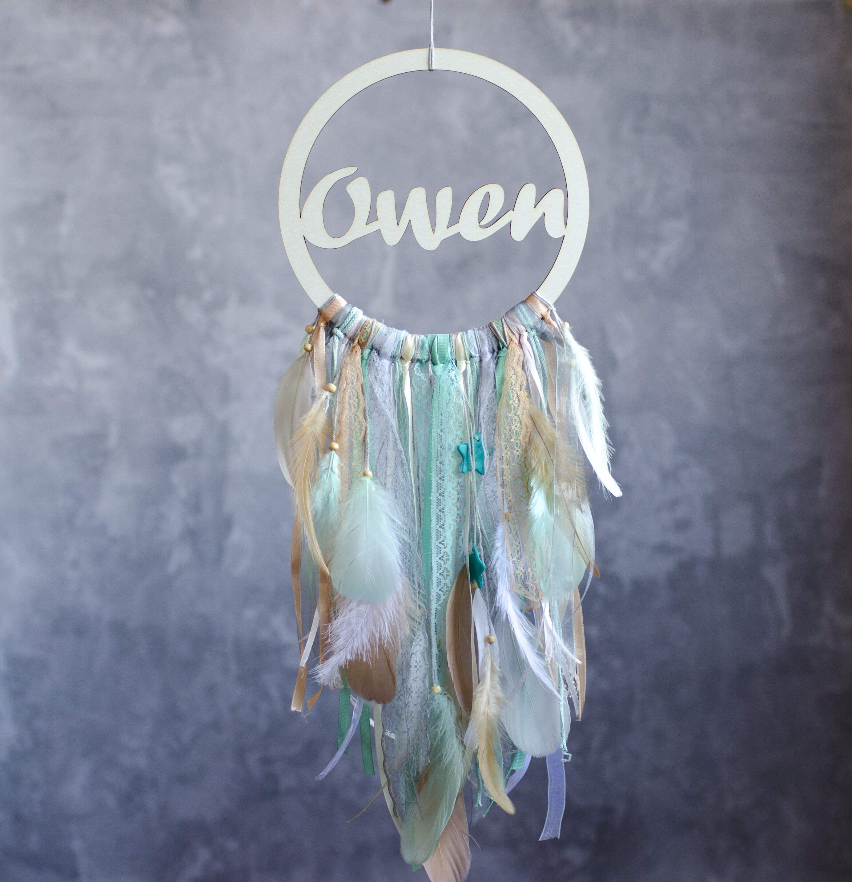 Baby boy dream catcher Personalized nursery name sign Beige | Etsy