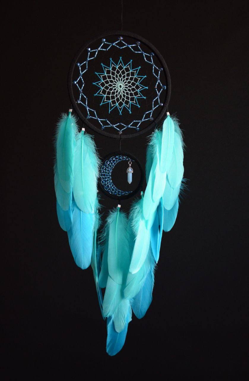 Large Black Mint Blue Crescent Moon Dream Catcher With Moonstone ...