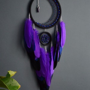 Large Purple Crescent Moon Dream Catcher With Amethyst Crystal / Black ...