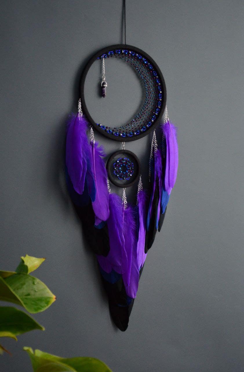 Large Purple Crescent Moon Dream Catcher With Amethyst Crystal - Etsy