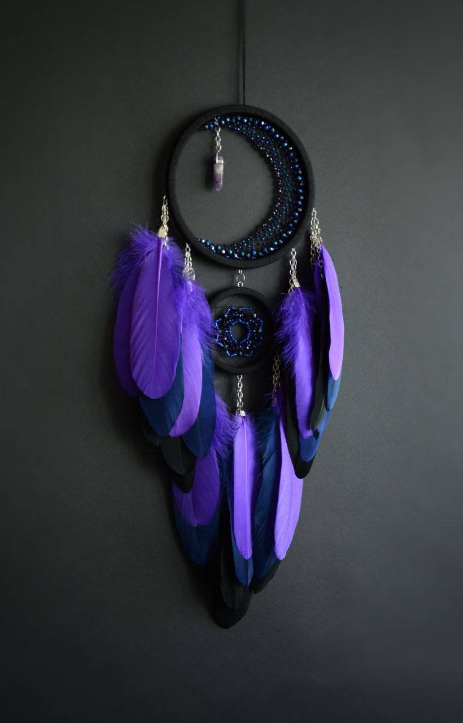 Large Purple Crescent Moon Dream Catcher With Amethyst Crystal / Black ...