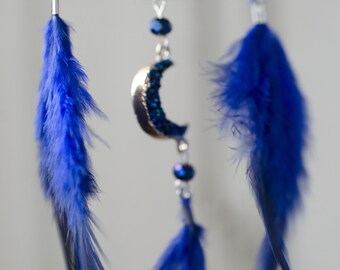 QINU Dream Catcher For Car Rear View Mirror - Small Feather Hanging Ornament, Blue, 11" Length