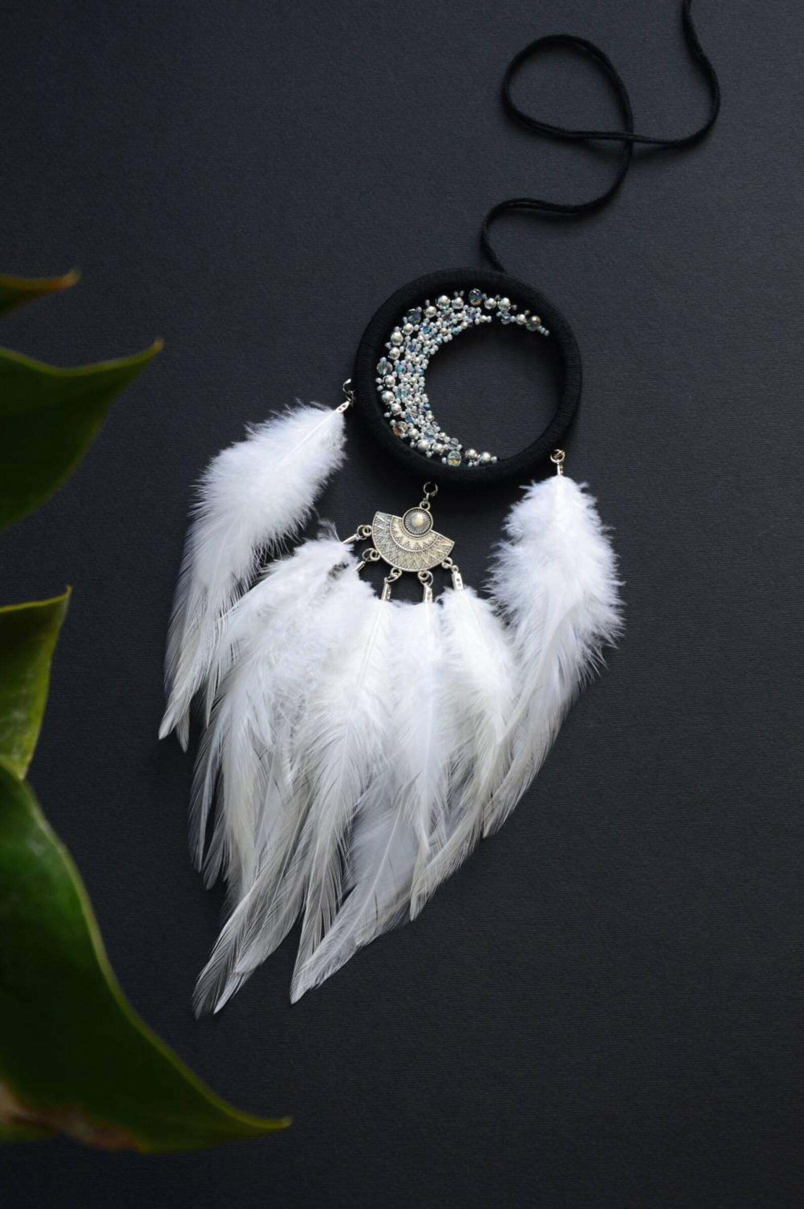 Black White Crescent Moon Dream Catcher With White Feathers, Small Moon ...