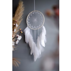 White Boho Dreamcatcher – Handmade Wall Hanging for Nursery or Home, Natural Feathers, Fast USA Shipping, Gift Idea