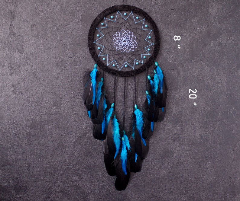 Large Black Dream Catcher With Turquoise Blue Feathers and Gemstones ...