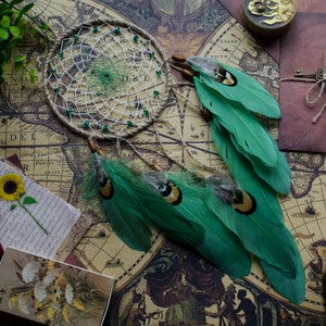 Green Dreamcatcher: Handmade Feather Wall Art, Bohemian Decor