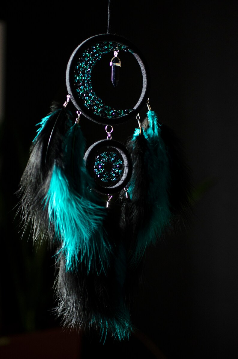 Crescent Moon Dream Catcher With Aventurine Crystal. Black and Green ...