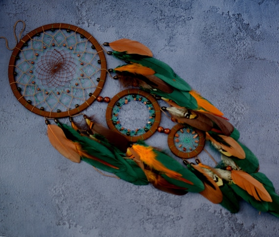 Teal green dream catcher wall hanging. Statement wall decor Large dreamcatcher wall hanging Brown nursery decor. Burnt orange home decor
