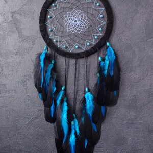 Large Black Dream Catcher With Turquoise Blue Feathers and Gemstones ...