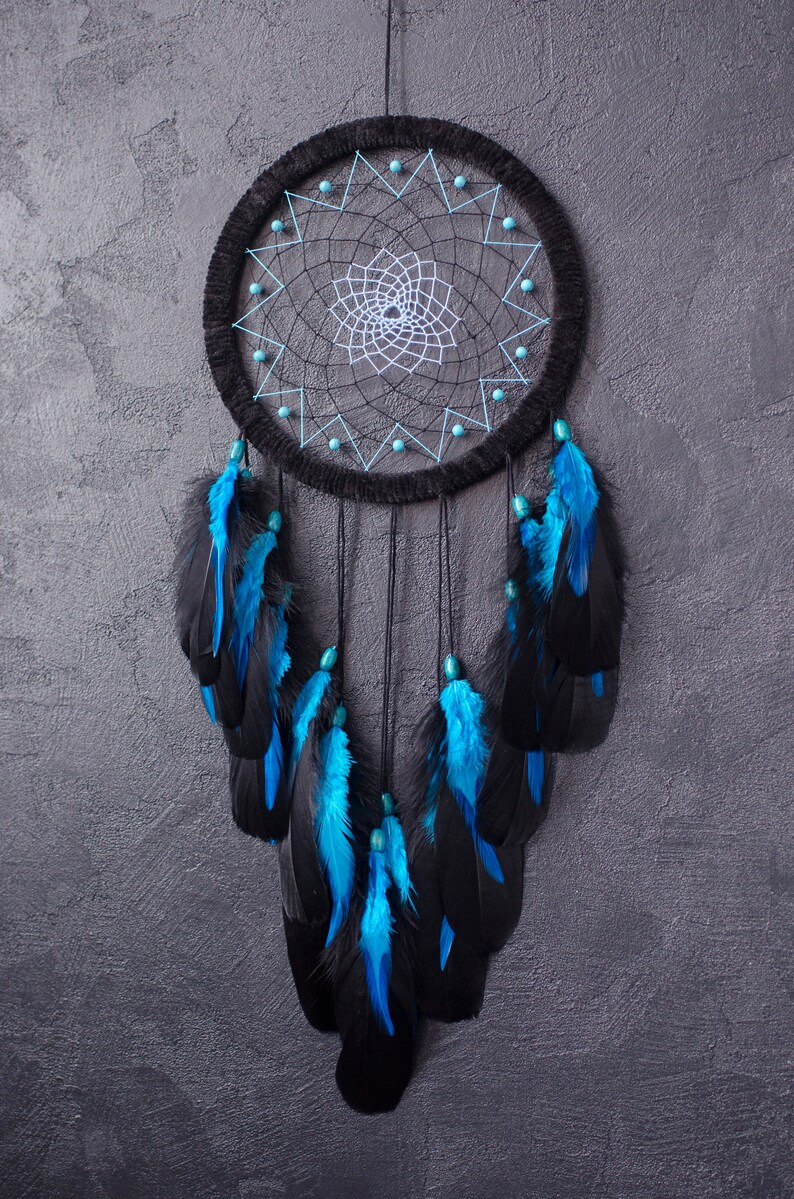 Large Black Dream Catcher With Turquoise Blue Feathers and Gemstones ...
