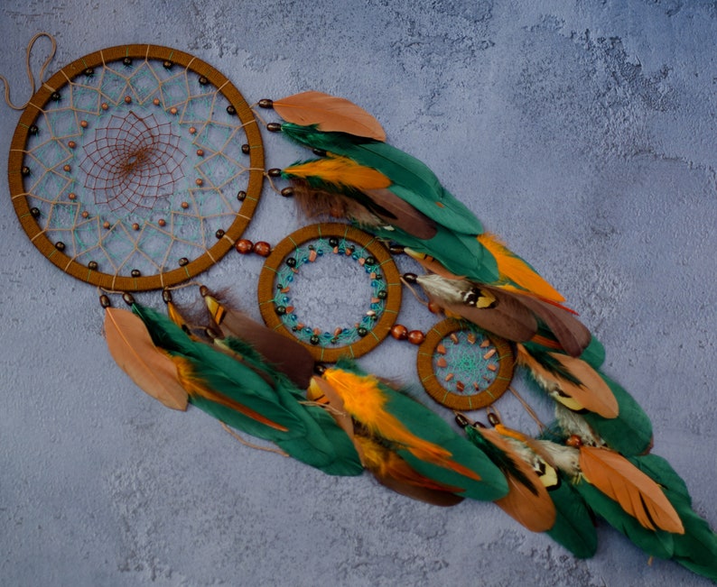 Teal green dream catcher wall hanging. Statement wall decor Large dreamcatcher wall hanging Brown nursery decor. Burnt orange home decor image 8
