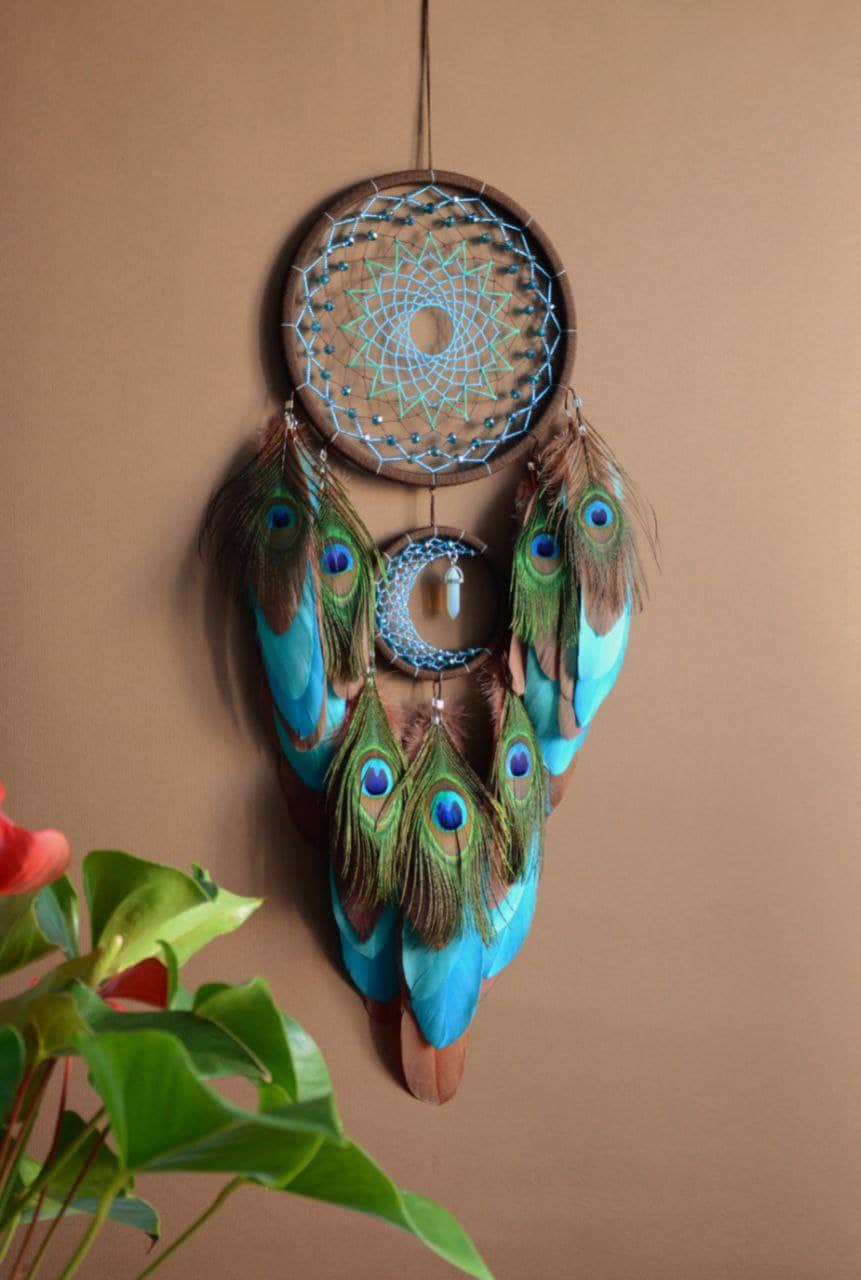 Large Crescent Moon Dream Catcher With Moonstone Crystal. Brown Blue ...