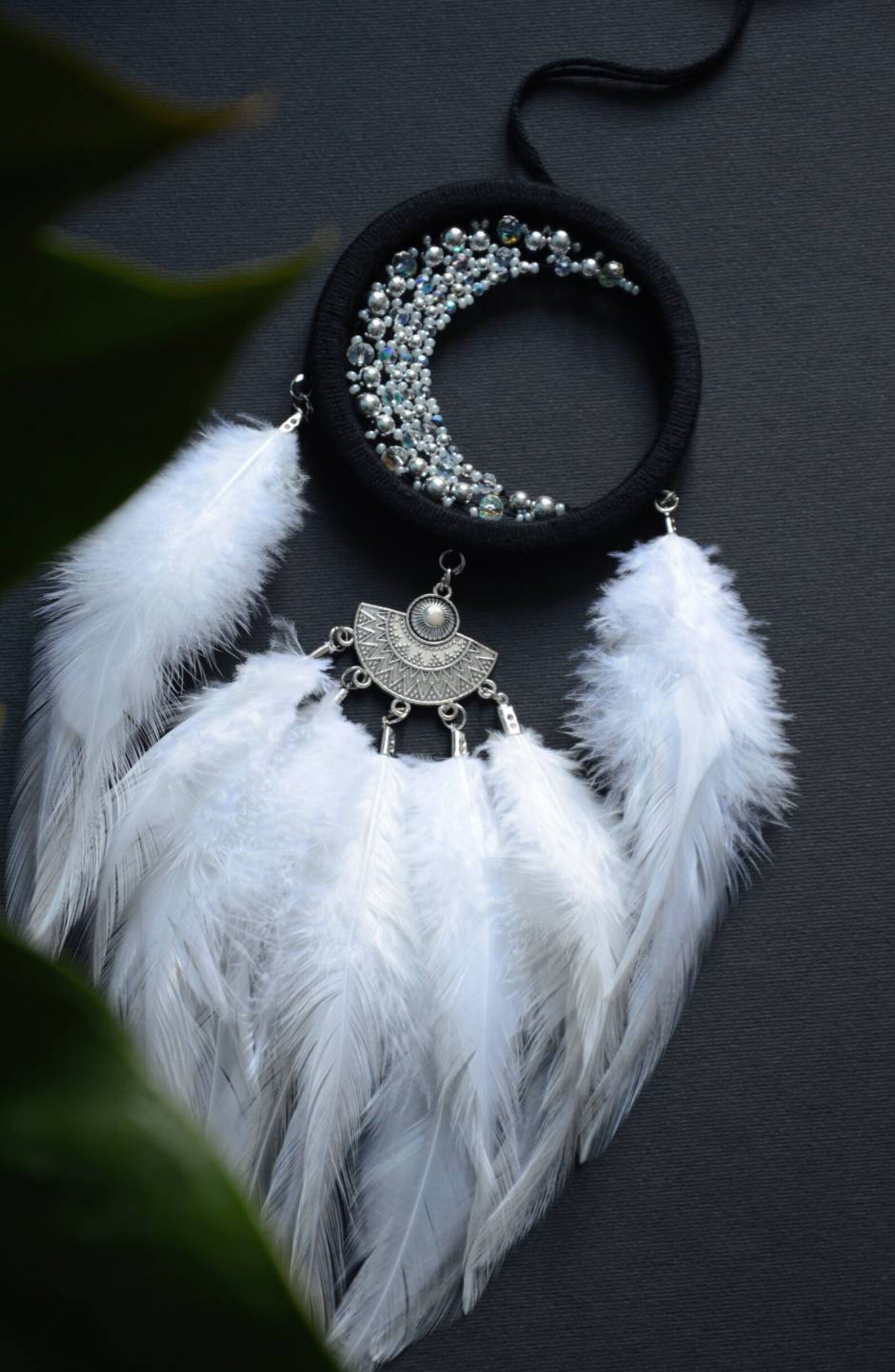 Black White Crescent Moon Dream Catcher With White Feathers, Small Moon ...