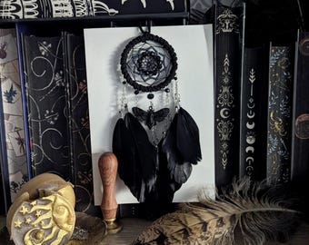 Gothic Black Moth Dreamcatcher – Handmade Boho Wall Hanging, Witchy Room Decor