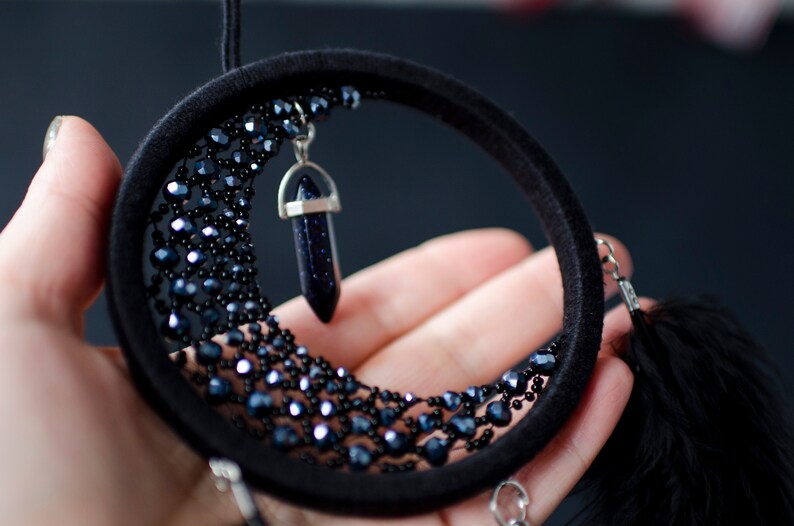 Black Crescent Moon Dream Catcher With Crystal - Etsy