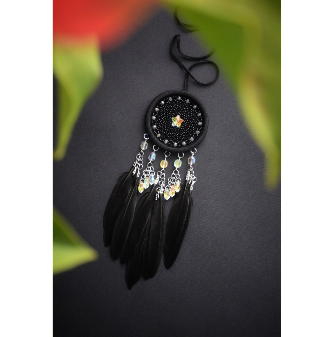 Small Handmade Black Dream Catcher With Shiny Crystal Star and Glass ...