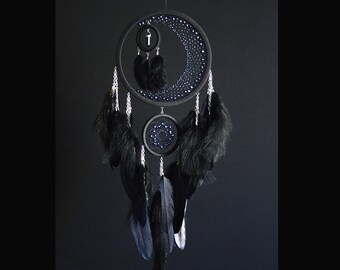 Half Moon Dreamcatcher/ Large Black Dream Catcher With Crystals