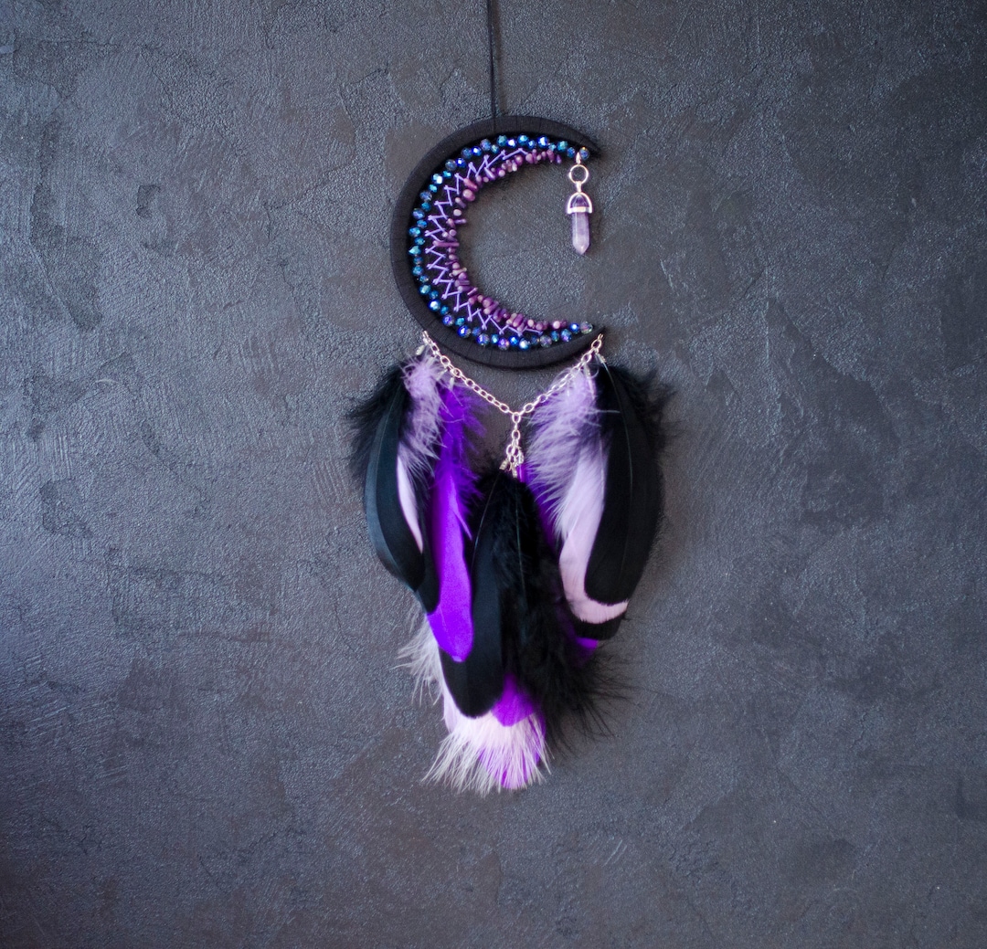 Handmade Black and Purple Crescent Moon Dream Catcher With Crystal ...