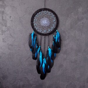 Large Black Dream Catcher With Turquoise Blue Feathers and Gemstones ...