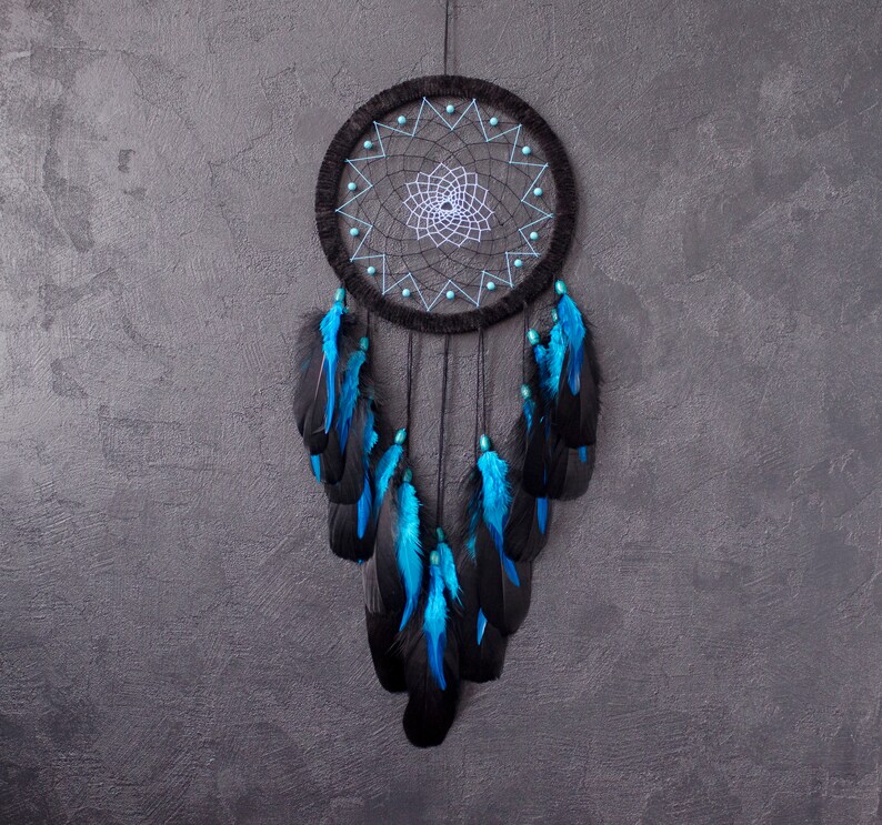 Large Black Dream Catcher With Turquoise Blue Feathers and Gemstones ...