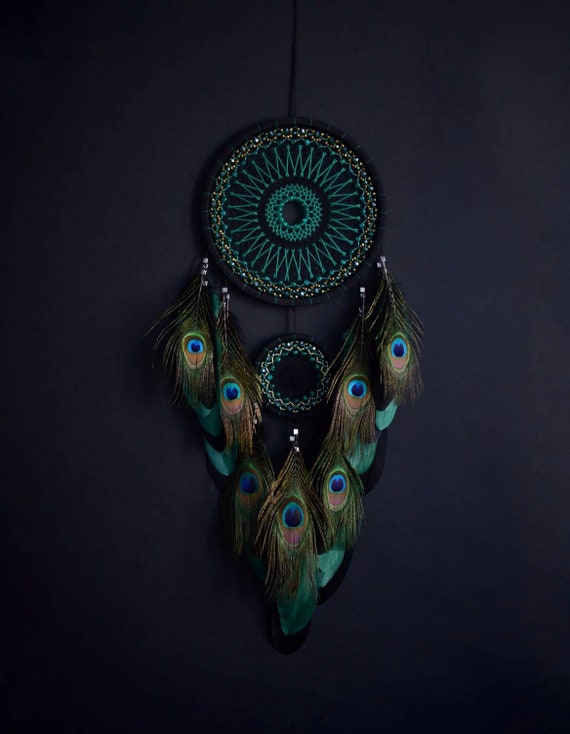 Large Emerald Green Dream Catcher. Peacock Art Wall Decor. Etsy